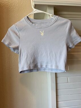 PLAYBOY Light Blue Crop Tee 100% Cotton Size Small